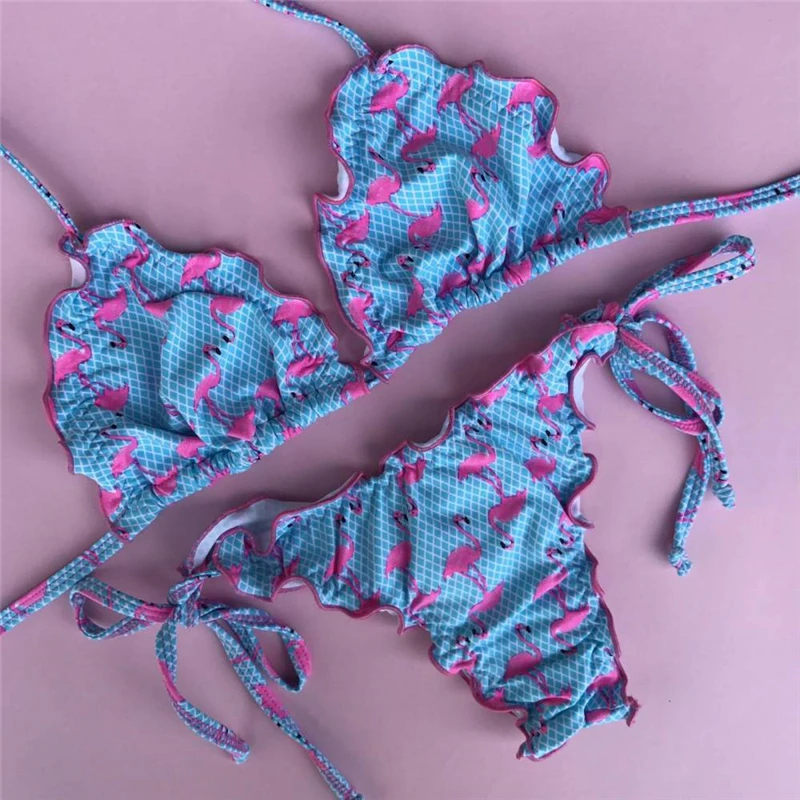 

Women Bikini Set Flamingo Coconut Tree Printed Swimsuit Floral Embroidery Triangle Swimwear Bathing Suit Swimming Suit