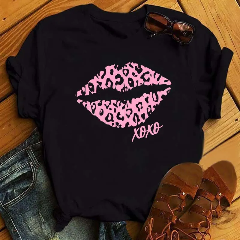 New Fashion Women's Casual Lip Printed T-Shirt Summer Short Sleeve T-Shirts Vintage Funny Leopard Lips T-Shirt Femme Black Tops t shirt