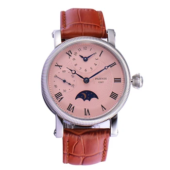 

Parnis 42mm Handwind Mechanical Watches Men Wrist Stainless Steel Case Moon Phase Leather Strap Waterproof GMT Watches Men