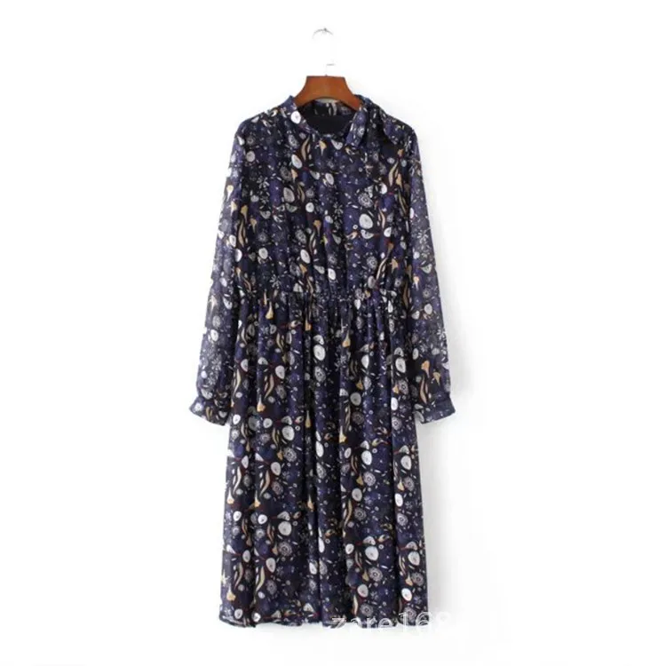 

WOMEN'S Dress 2017 Spring New Style Chiffon Printed Long Sleeve Mid-length Stand Collar Pullover Dress Women's