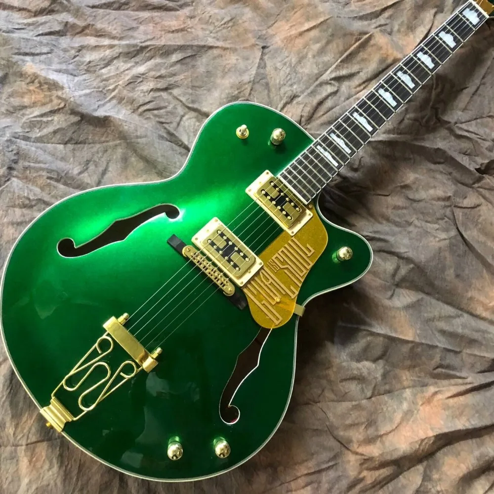 

Custom double F hollow body Jazz electric guitar,Rosewood fingerboard, Gold hardware green color jazz gitaar,vibrato system