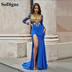 SoDigne Dubai Blue Trumpet/Mermaid Evening Dress Gold Lace Applique High Neck Arabic Caftan Special Formal Prom Gown