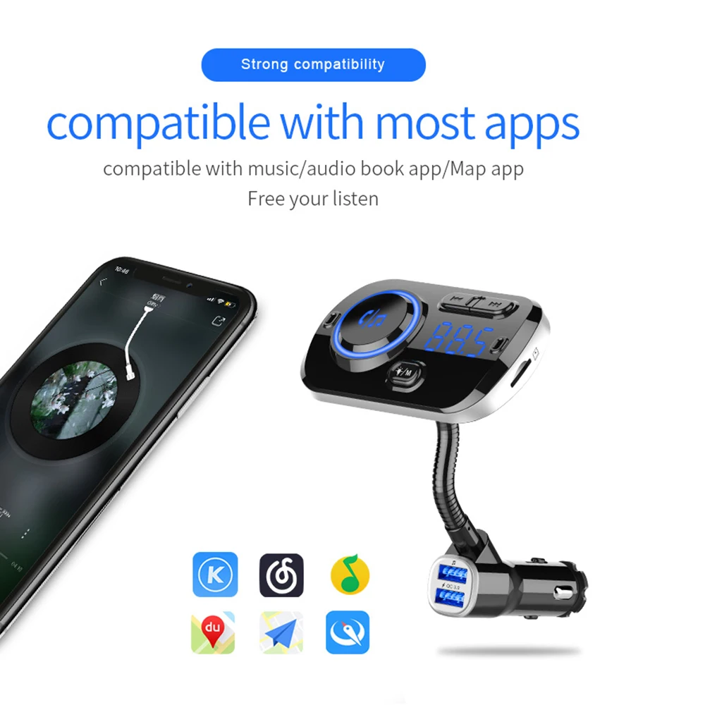 Hands-free Calling Bluetooth FM Transmitter Car Kit Wireless MP3 Player 5V1A USB Car Charger Support 2 Phones Connection TF Card