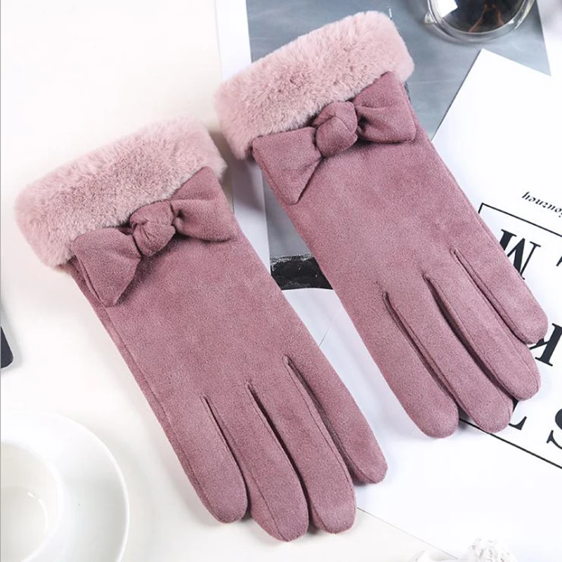 MoneRffi Female Gloves Thick Warm Winter Suede Fashion Outdoor Touch Screen Ladies Glove Plus Velvet Buckskin Cartoon Mittens - Color: purple