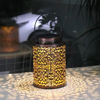 

Lawn Waterproof Outdoor Lighting Retro Fence Garden Solar Lamp Hanging Lantern Home Decor Hollowed Night Landscape Iron Art Led