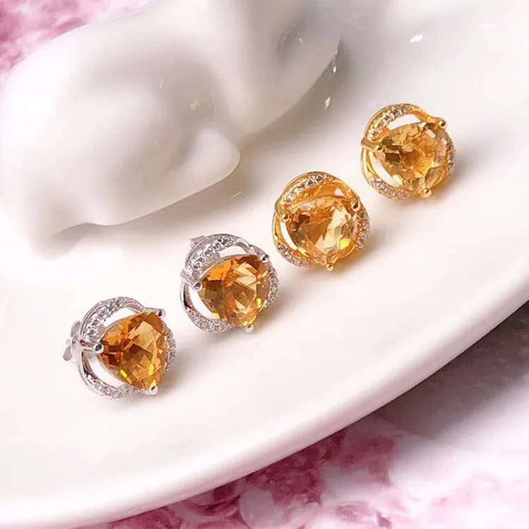 

925 Silver Inlaid Natural Yellow Crystal Ear Stud Support Nationwide Reinspection