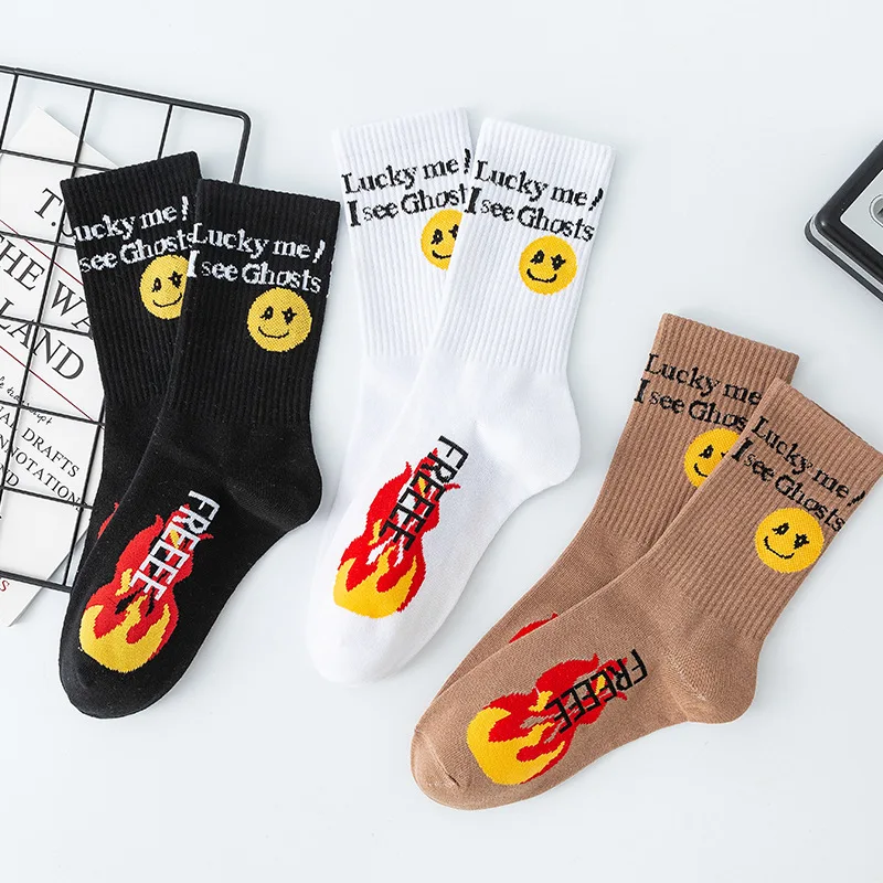 Free Fire Lucky Me Funny Happy Face Wink Star Eyes I See Ghts Long Crew Cotton Flame Blaze Socks Blink Twinkle Fashion Street