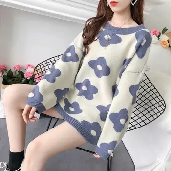 

2019 Autumn Women's Floral Printing Oversized Knitted Sweater Casual Female Sweet Loose O-Neck Pullover One Size Sweater