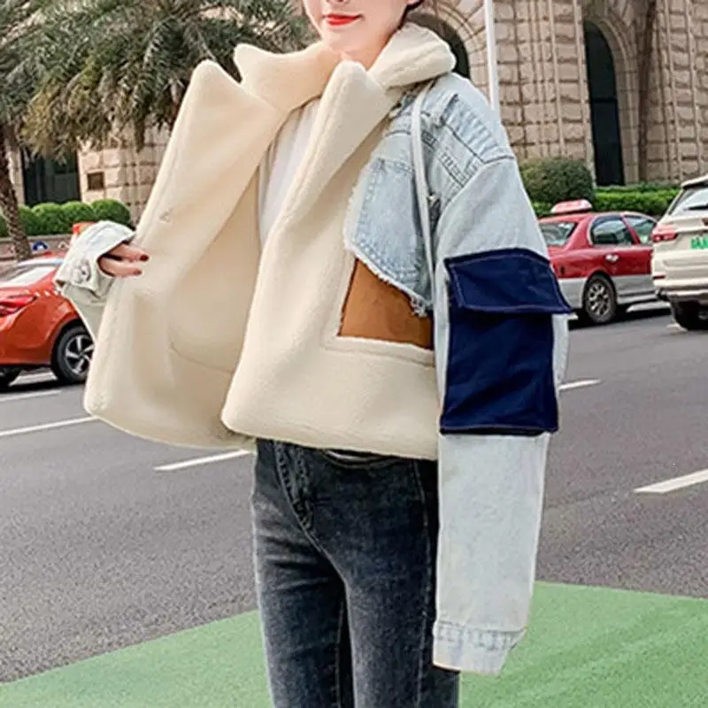 Новые модные джинсовые куртки из овечьей шерсти в стиле пэчворк теплые женские пальто из искусственного меха зимние толстые короткие стеганые куртки джинсы