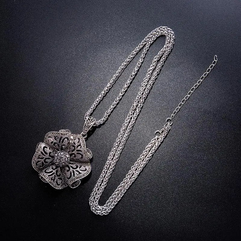 Vintage Black Blue Crystal Flower Drop Necklaces &amp Pendants For Women Long Necklace Jewelry Dress Sweater Accessories Gifts | Украшения