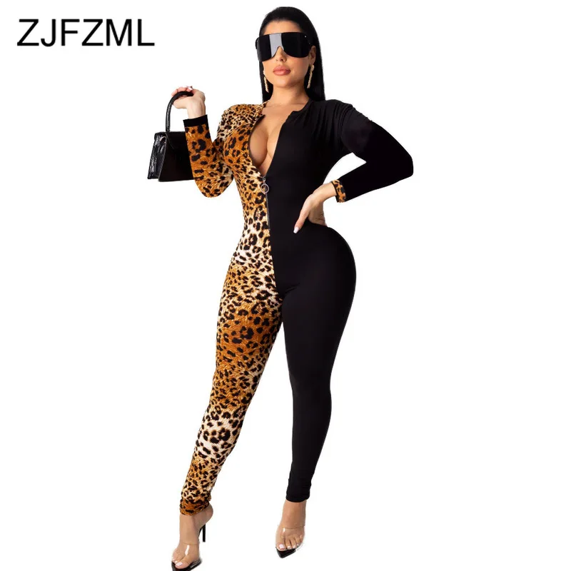 Leopard Print Sexy Romper Women Jumpsuit Deep V Neck Full Sleeve Skinny Bodysuit Vintage Color Block Front Zipper Party Overall