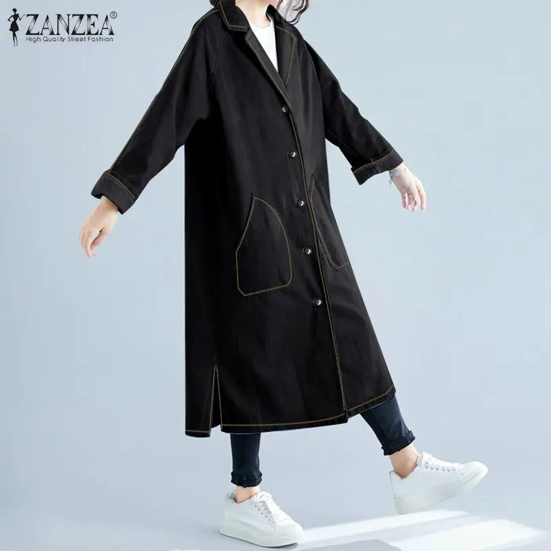 Promo  2019 Fashion Winter Women Denim Blue Coats Long Jackets ZANZEA Ladies Pockets Lapel Neck Overcoats 
