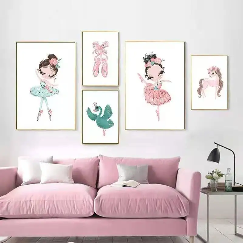 Ballerina Girl Poster Unicorn Swan Nordic Nursery Wall Art Pictures Print Canvas Painting Kids Bedroom Decoration Paintings