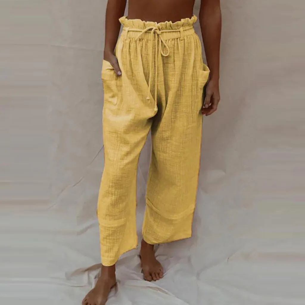 Винтажные женские повседневные брюки длинные из хлопка и льна широкие осенние