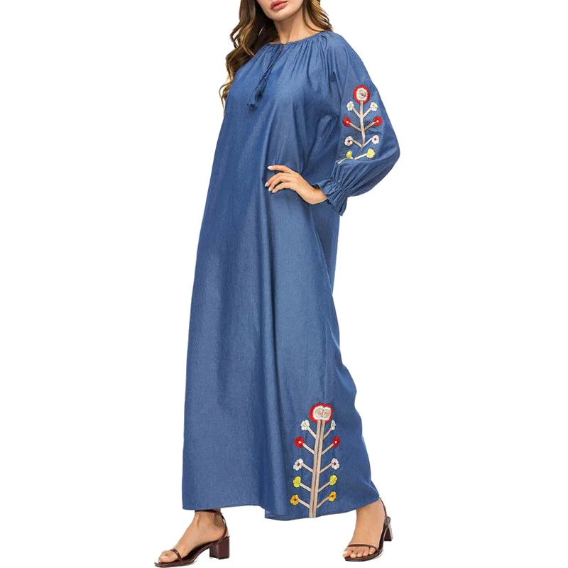 MISSJOY New Fashion muslim clothing dubai Women Long Sleeve Denim Abaya Embroidery flower Patchwork turkey islamic Maxi dress