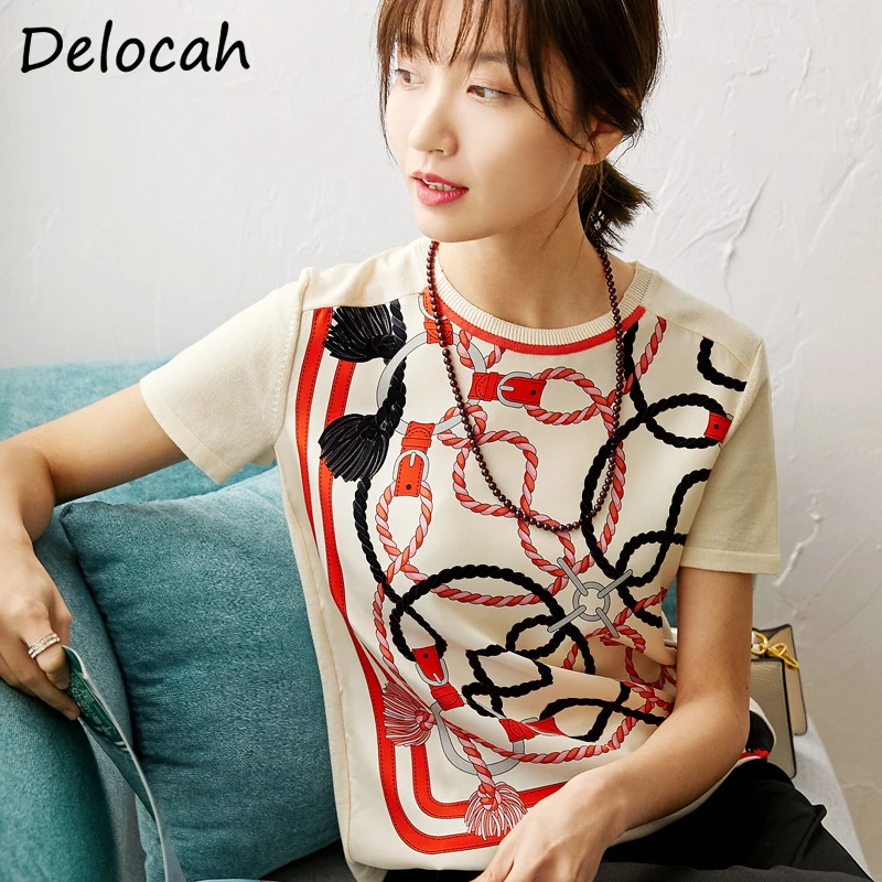 

Delocah Spring Summer Women Shirt Runway Fashion Designer Short Sleeve Vintage Printed Elegan Slim Casual Knitting Female Shirt