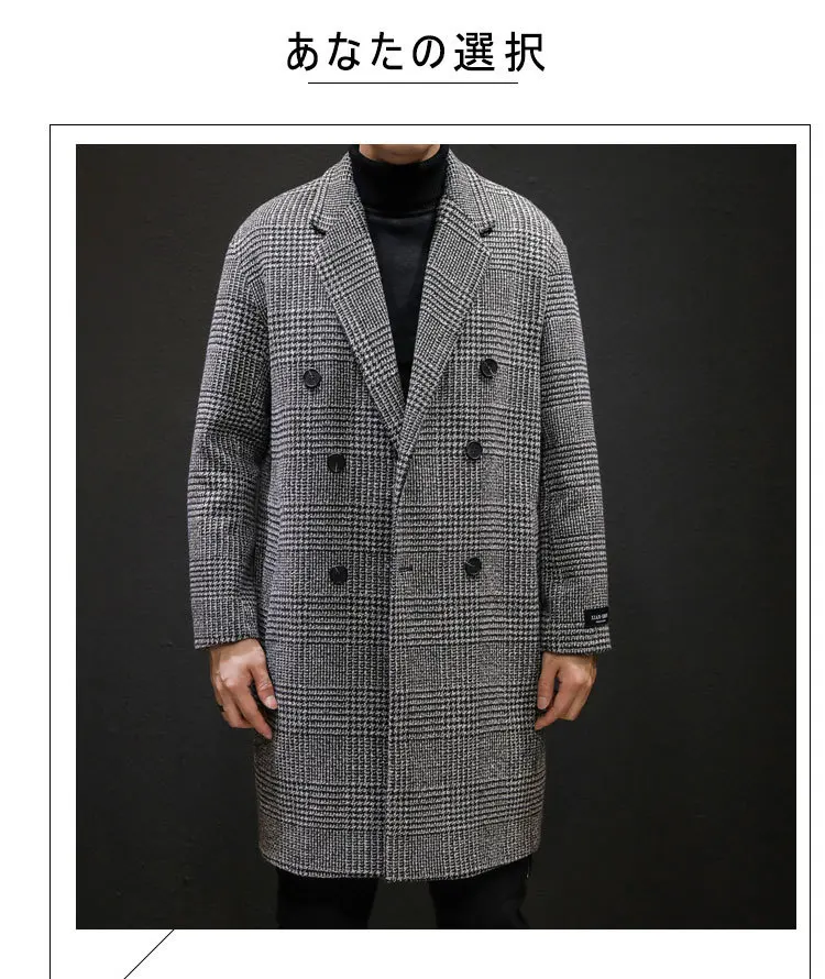 Mens Wool Coats and Jackets Casual Double Breasted Winter Houndstooth Jacket Men Turn-down Collar Long Woollen Wind Coat