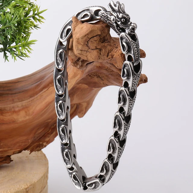 Bracciale Uomo Acciaio Inossidabile A Catena Con Drago - Design Maschile, Regolabile