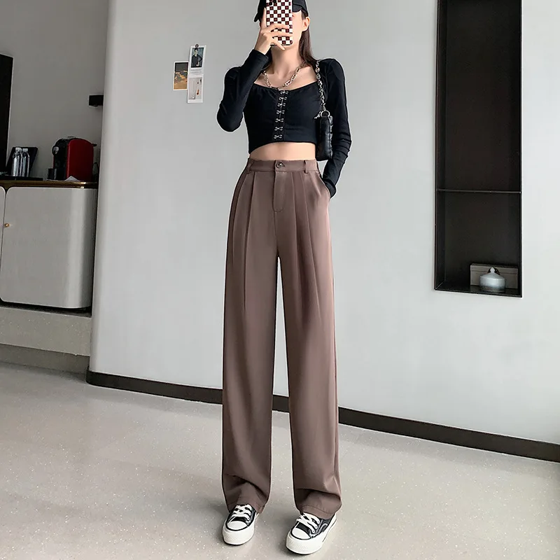 2021 Retro Solid Color Wild Straight Leg Pants High Waist Fashion Wide Leg Pants Ladies White Suit Pants Office Casual Trousers 1