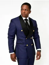 Navy Blue Men's Suits Slim Fit Groomsman Gold Button Double Breasted Party Tuxedo Groom 2 Pieces Suit For Men Wedding Blazer