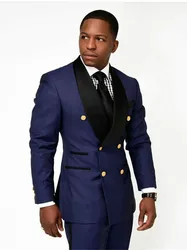 Navy Blue Men's Suits Slim Fit Groomsman Gold Button Double Breasted Party Tuxedo Groom 2 Pieces Suit For Men Wedding Blazer