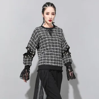 

Loose Fit Black Plaid Split Lace Hollow Out Sweatshirt New Round Neck Long Sleeve Women Fashion Spring Autumn 2020