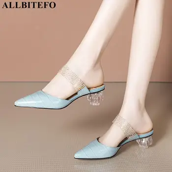 

ALLBITEFO crystal heel genuine leather fashion women heels pointed toe women slippers summer cool high heel shoes flip flops
