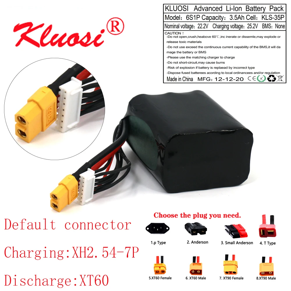 KLUOSI 6S1P 24V 3.5Ah 25.2V High Capacity UAV Rechargeable Li-ion Battery for Various RC Airplane Drone Quadrotor XH2.54-7P XT60