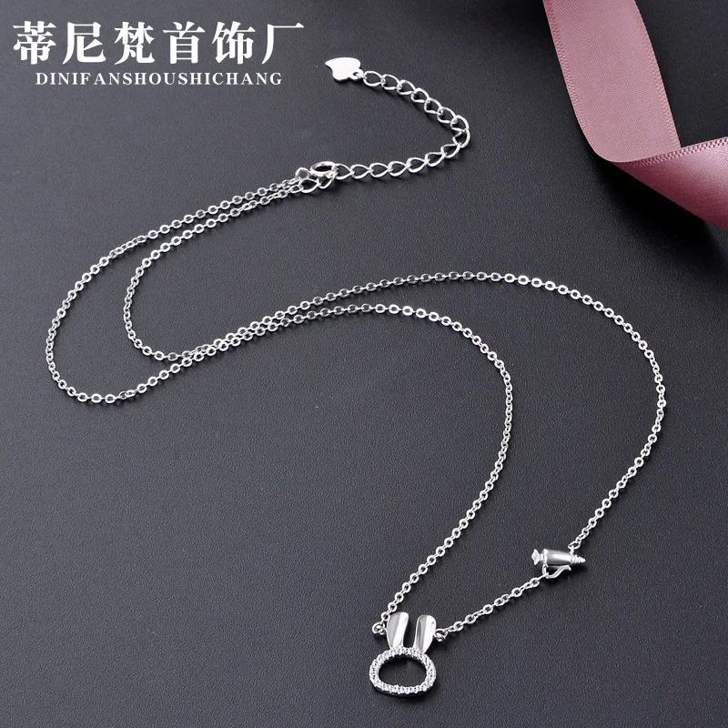 

S925 Fine Silver Zircon Creative Simple Hollow out Cute Bunny Necklace Short Choker Women's Japanese Korean Accessories