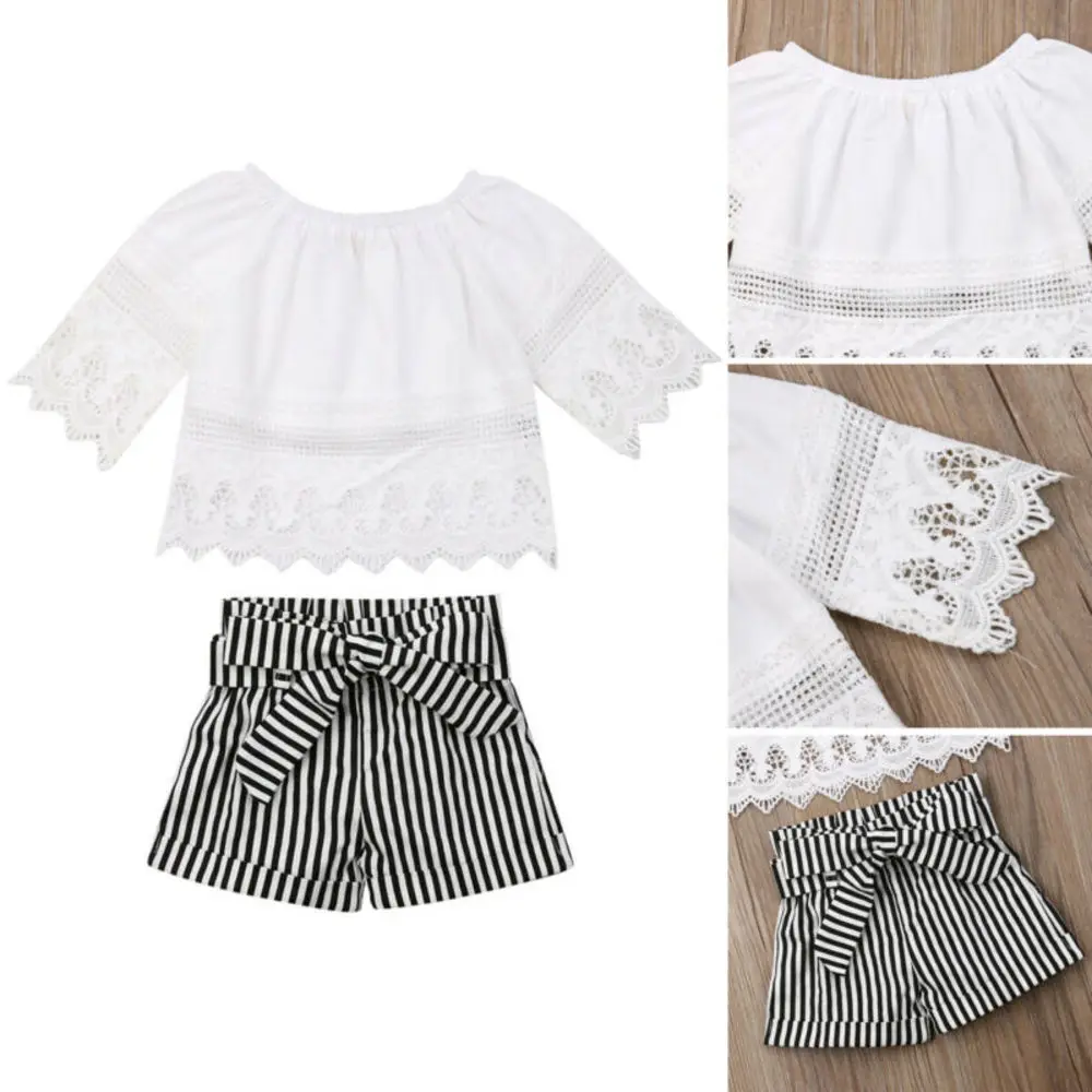Одежда для маленьких девочек, кружевные топы+ шорты штаны в полоску, комплект из 2 предметов