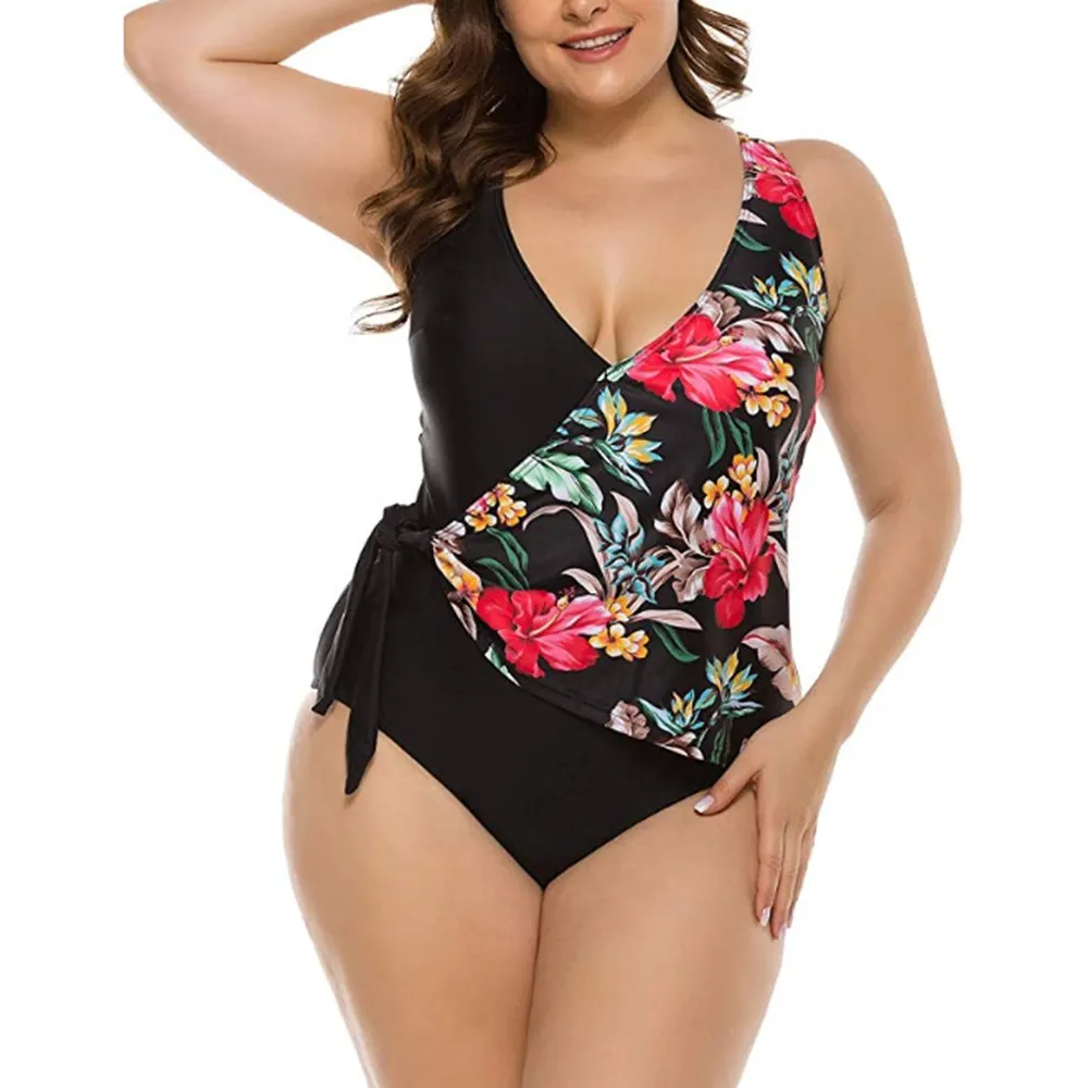 

2020 Print Bowknot One Piece Swimsuit Deep V Neck Backless Plus Size Swimwear Tummy Control Bathing Suit Big Size 3XL Monokini