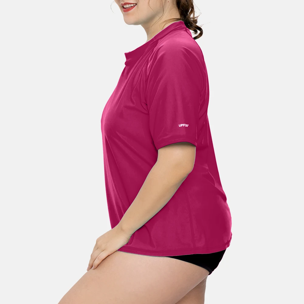 Anfilia Women's Plus Size Short Sleeve Rashguard Shirts UPF 50+ Swimwear Swimsuit UV-Protection Rash Guard Solid Beach Wear