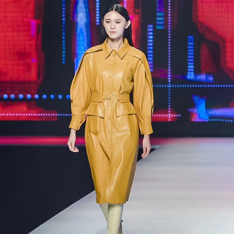 TWOTWINSTYLE Leather Casual Trench For Women Lapel