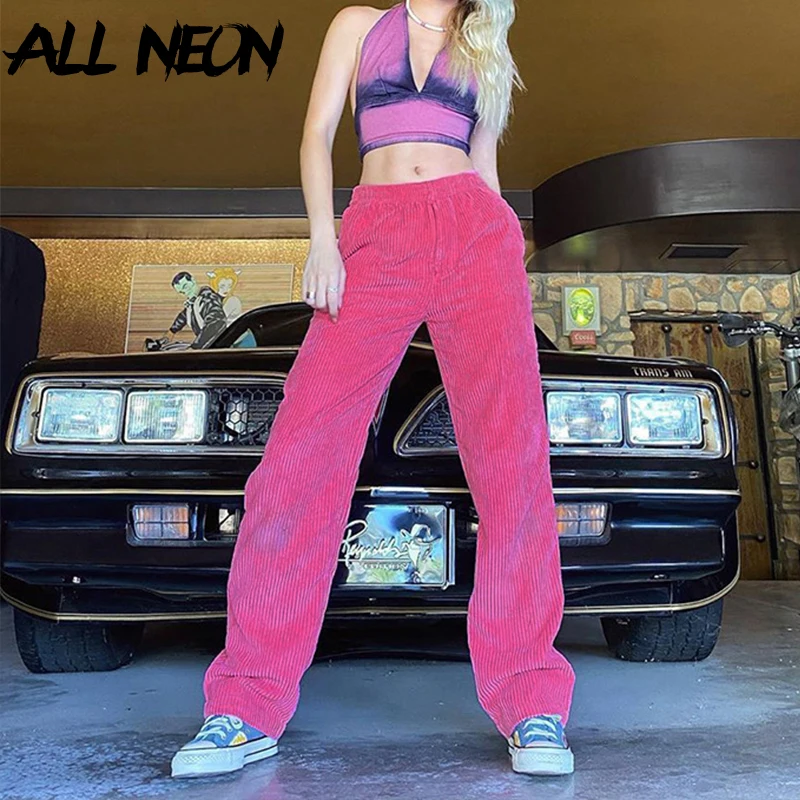 ALLNeon Y2K Fashion Hot Pink Corduroy High Waist Pants Hip Hop Style Loosed Pocket Long Pants 90s Streetwear E-girl Outfits Rave ALLNeon Y2K Fashion Hot Pink Corduroy High Waist Pants Hip Hop Style Loosed Pocket Long Pants 90s Streetwear E-girl Outfits Rave