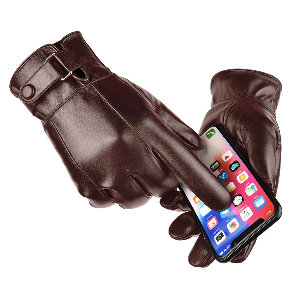 Men's Winter Warm Fashion Waterproof Gloves Men Faux Leather Driving Gloves Thin Leather for Touch Screen Brown Guantes