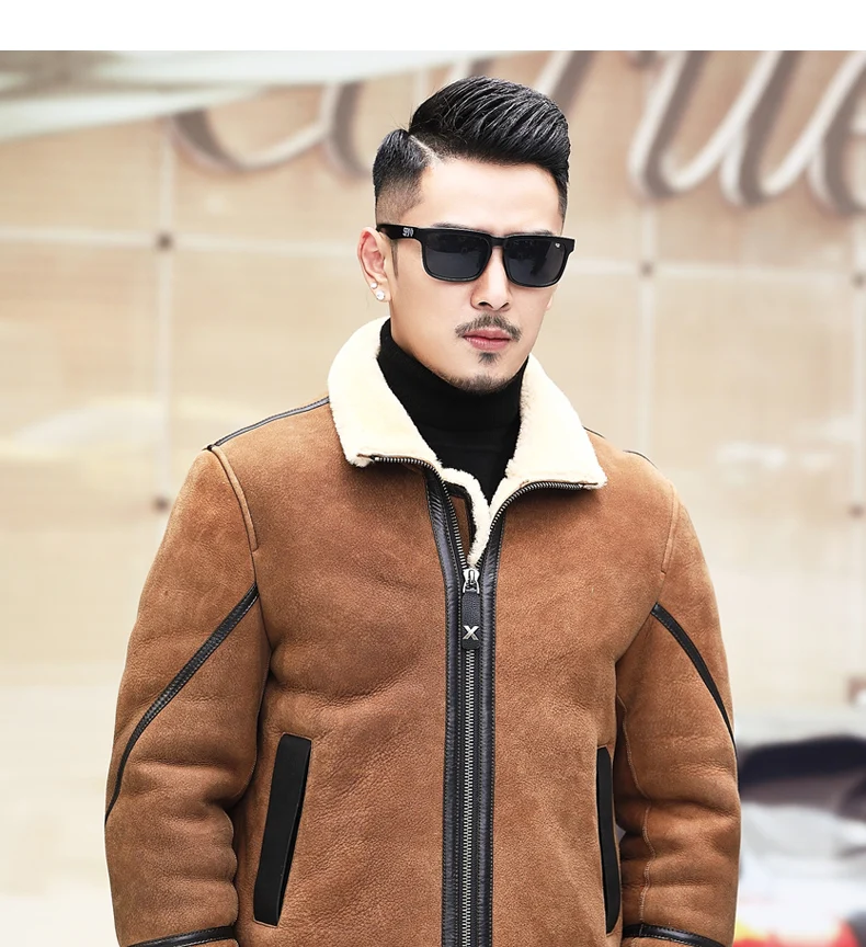 AYUNSUE Real Fur Coat Shearling Jacket Men Sheepskin Coat Mens Genuine Leather Jacket Motorcycle Natural Sheep Fur A19-X5020