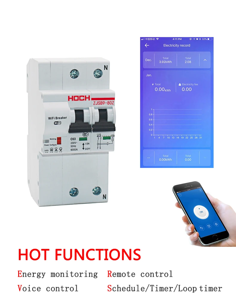 

HOCH WIFI Circuit Breaker Energy Monitoring FACTORY timer Remote Control 2P Ewelink Tuya app wireless smart intelligent Switch