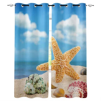 

Seashore Beach Starfish Sand Sea Window Curtains Living Room Kitchen Curtains for Bedroom Left and Right Biparting Open Curtains