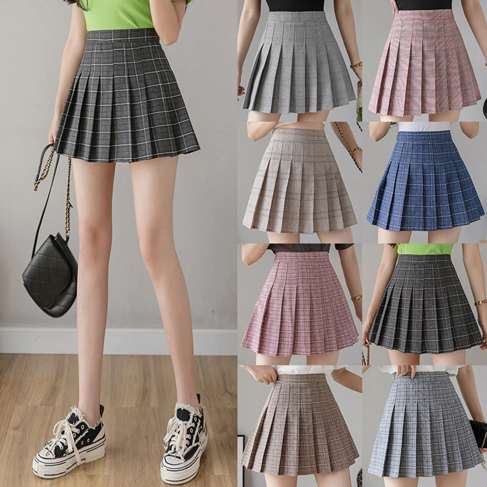 

12 Colors Skirt Women Mini Skrit High Waist New Fashion Uniform Waist Chain A-Line Skirt Check Plaid Pleated Skirt Free Ship