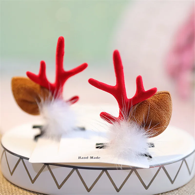 10pair/lot Fashion Christmas Cute Hair Clips Deer Antlers Mushroom Faux Fur Ball Girls Children Hairpins Hair Accessories