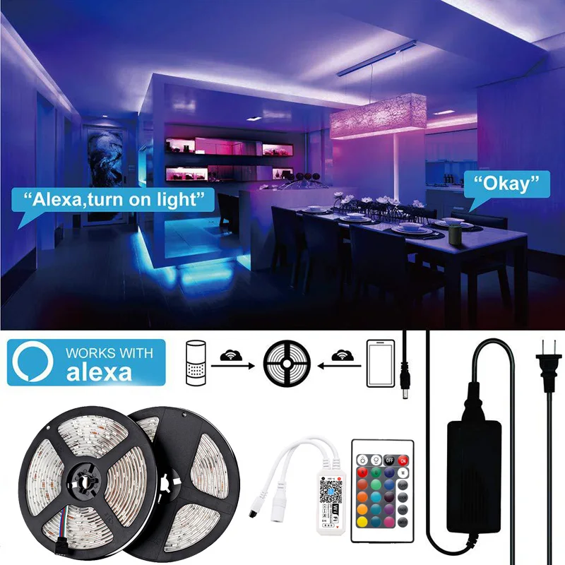 US $14.72 RGB LED Strip Light Wifi Lights SMD 5050 Flexible Color Changing LED Luces Light Strip WIFI Controller 12v 24V 5M 10M 15M 20M