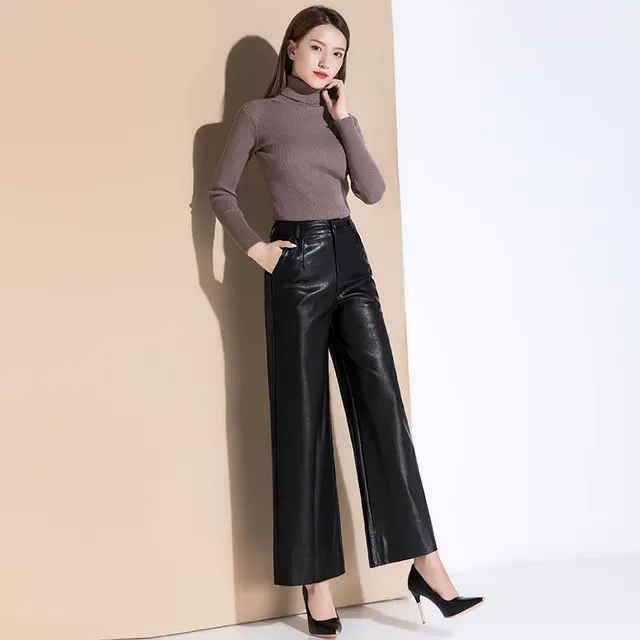 black 1 with velvet Зимние Модные женские плотные брюки из натуральной кожи с высокой талией, повседневные брюки из овечьей кожи, женские бархатные черные широкие брюки F521 - Цвет: black 1 with velvet