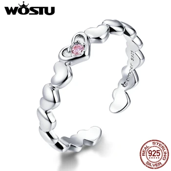 

WOSTU 100% 925 Sterling Silver Heart Shape Rings Adjustable Size Finger Pink Zircon Ring For Women Wedding 925 Jewelry CTR100
