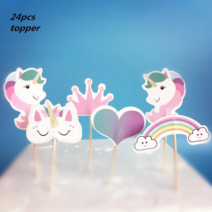 24pcs/lot Smiley unicorn Cupcake Wrappers Toppers Kids Party Birthday Decoration Cake Cups(12 wraps+12 topper No toothpicks