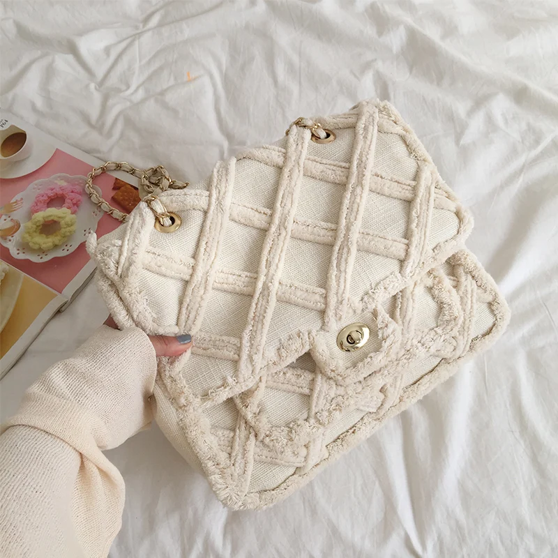 

High Quality Cotton Wool Tassel Diamond Grid Canvas Bag 2019 Spring Women's Bag Leisure Chain Hand Ladle Shoulder Bag
