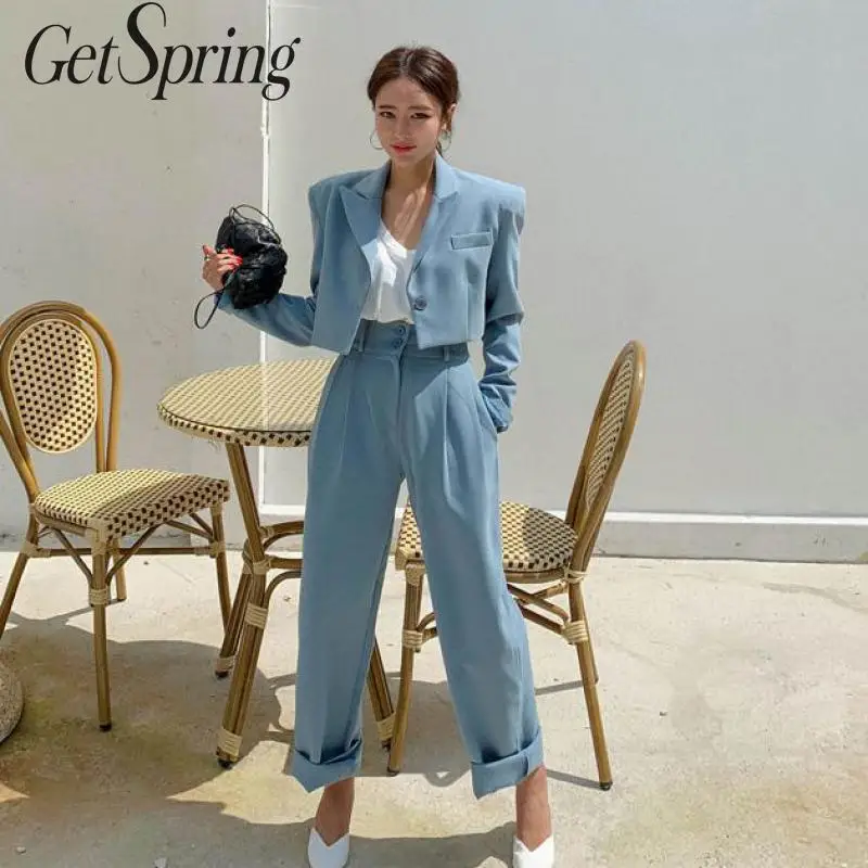 

GETSPRING Women Set Women Suit Sets Vintage Short Blazer High Waist Wide Leg Pants 2 Piece Set Women Black Khaki 2019 Autumn