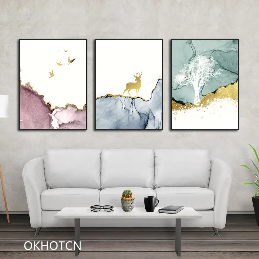 Chinese Abstract Ink And Wash Modern Gilt Art Sea Triptych Golden Silk Deer Decorative Painting For Living Room Home Decoration | Дом и сад