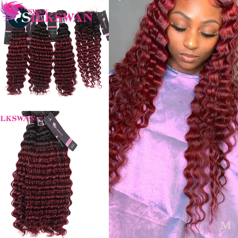 

Silkswan Ombre Color Hair Bundles 1B/99J Brazilian Human Hair Bundles With Closure Deep Wave Remy Hair Weaves Hair Extensions