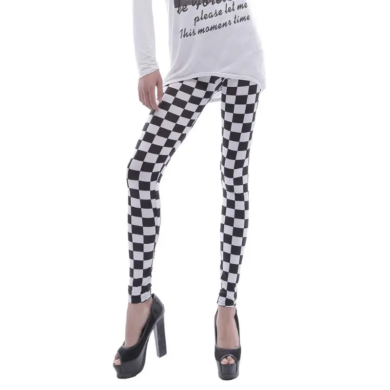 

Womens Black White Checkered Plaid Printed Leggings Mid Rise Ankle Length Basic Skinny Casual Sports Pencil Pants