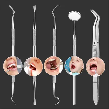 

5Pcs Stainless Steel Dental Tool Mouth Mirror Stomatoscope Tweezers Tongue Scraper Probe Tooth Cleaner Teeth Whitening Tool 1212
